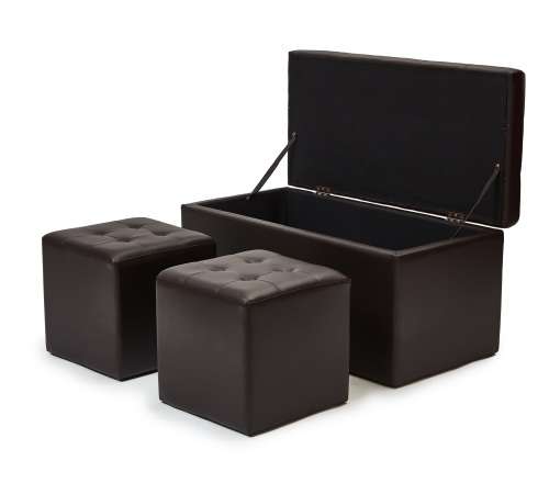 3 Piece Faux Leather Storage Ottoman Set - Black