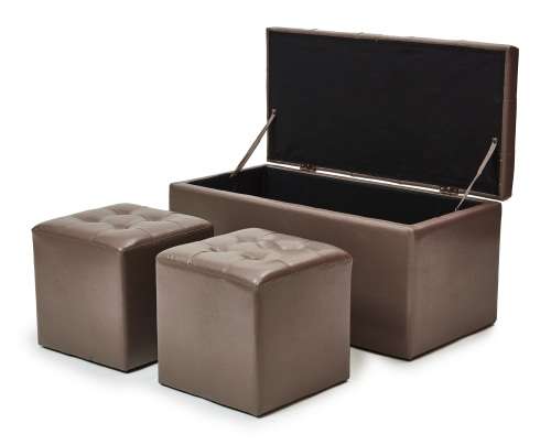 3 Piece Faux Leather Storage Ottoman Set - Black