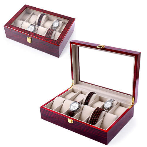 Hazlo Wooden Jewellery Watch Display Case Box Organizer - 12 Slot Compartment - Cherry Wood