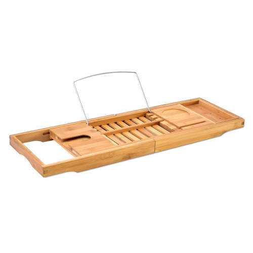 Bamboo Bathtub Caddy Rack Holder with Tray and Extending Slides