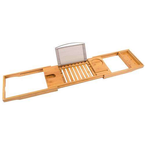 Bamboo Bathtub Caddy Rack Holder with Tray and Extending Slides