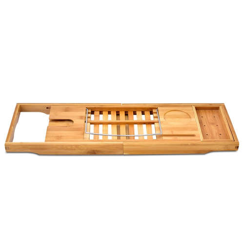 Bamboo Bathtub Caddy Rack Holder with Tray and Extending Slides