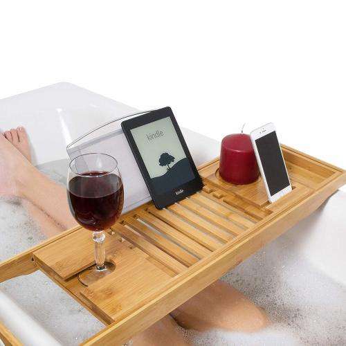 Bamboo Bathtub Caddy Rack Holder with Tray and Extending Slides