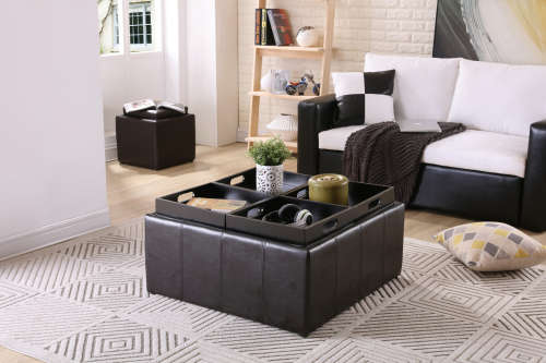 Hazlo Faux Leather Coffee Table Storage Ottoman with Flip Over Tray