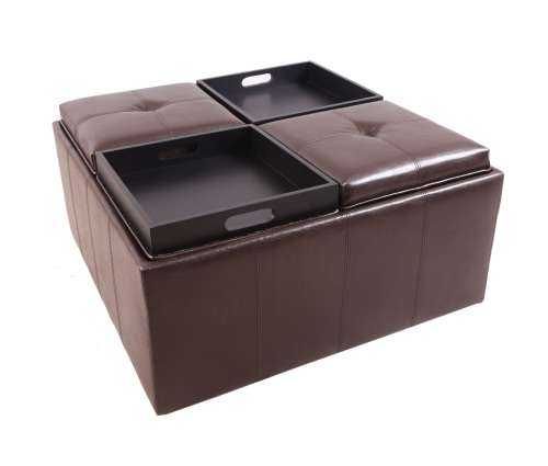 Hazlo Faux Leather Coffee Table Storage Ottoman with Flip Over Tray