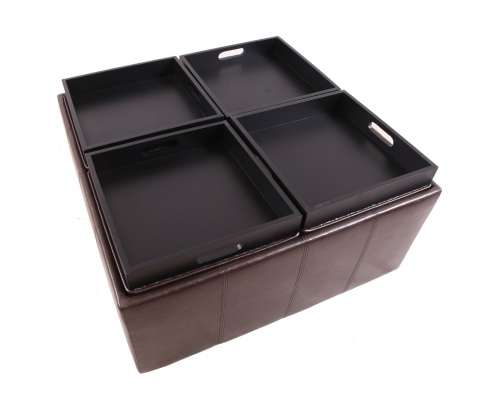 Hazlo Faux Leather Coffee Table Storage Ottoman with Flip Over Tray