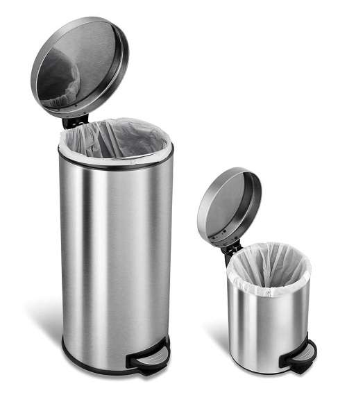 NineStars 5L and 30L Step-On Stainless Steel Trash Can - Combo Set of 2