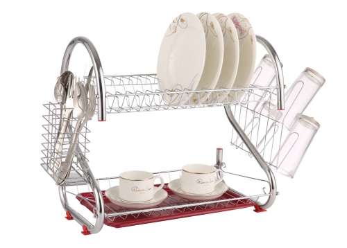 Comfeto Wares Two Tier Kitchen Dish Rack Holder (Chrome plated) Silver & Red