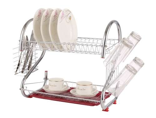 Comfeto Wares Two Tier Kitchen Dish Rack Holder (Chrome plated) Silver & Red