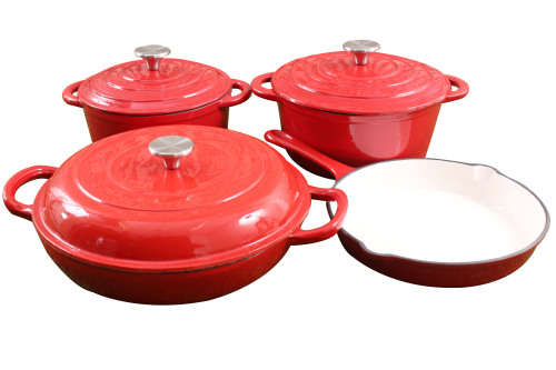 La Fermete 7 Piece Cast Iron Enamel Cookware Pot Set - Red
