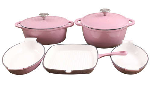 7 Piece Cast Iron Enamel Cookware Pot Set - PINK