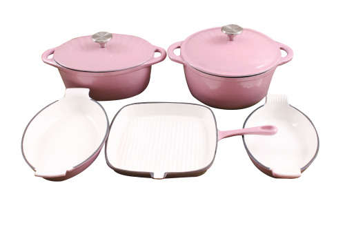 7 Piece Cast Iron Enamel Cookware Pot Set - PINK