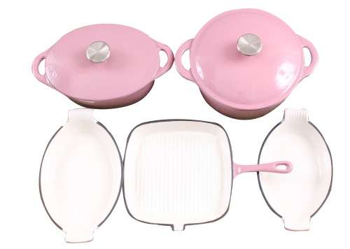 7 Piece Cast Iron Enamel Cookware Pot Set - PINK
