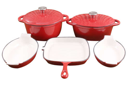 7 Piece Cast Iron Enamel Cookware Pot Set - PINK