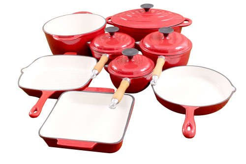 12 Piece Cast Iron Enamel Cookware Pot Set - RED - [Second hand] PLEASE READ