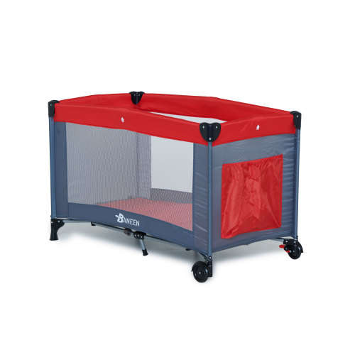 Baneen Folding Baby Toddler Crib Cot with Wheels (Playpen) - Red (Second hand)
