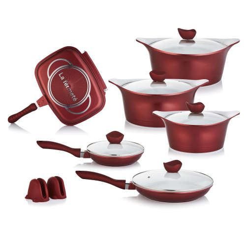 La Fermete Non-stick Die Cast Ceramic Aluminium 14 Piece Pot Pan Cookware set  Burgundy