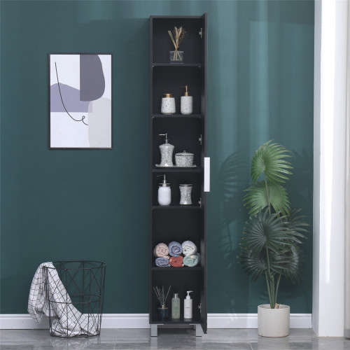 Hazlo Floor Standing Mirrored Bathroom Cabinet with 6 Shelves - Black