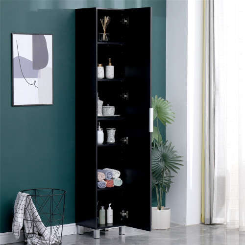 Hazlo Floor Standing Mirrored Bathroom Cabinet with 6 Shelves - Black