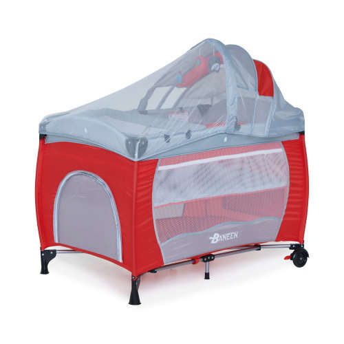 Baby Cot Crib with Diaper Changer, Net, Toys, Canopy, Wheels and Game Entrance - Red