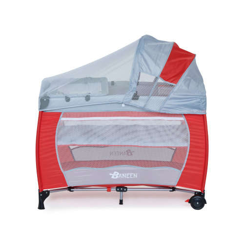 Baby Cot Crib with Diaper Changer, Net, Toys, Canopy, Wheels and Game Entrance - Red