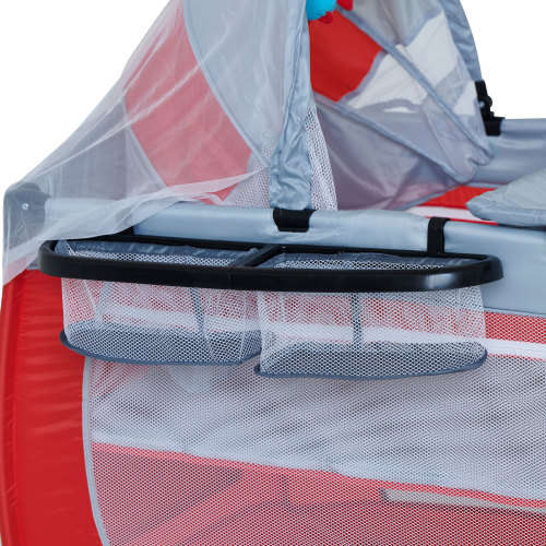 Baby Cot Crib with Diaper Changer, Net, Toys, Canopy, Wheels and Game Entrance - Red