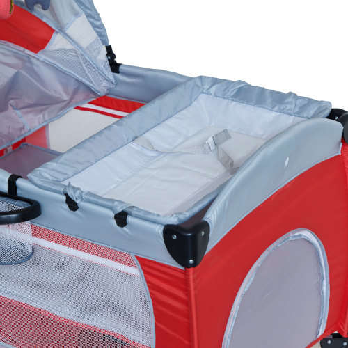 Baby Cot Crib with Diaper Changer, Net, Toys, Canopy, Wheels and Game Entrance - Red