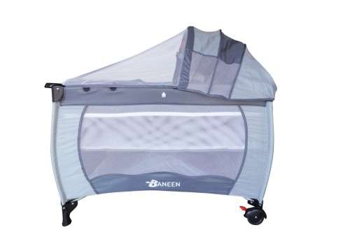 Baby Cot Crib with Diaper Changer, Net, Toys, Canopy, Wheels and Game Entrance - Grey