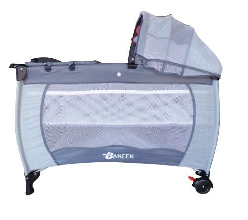 Baby Cot Crib with Diaper Changer, Net, Toys, Canopy, Wheels and Game Entrance - Grey