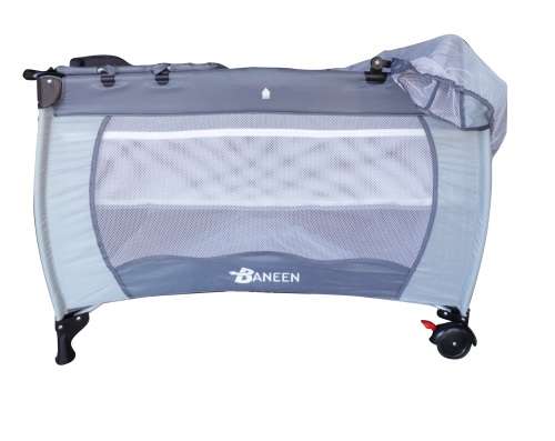 Baby Cot Crib with Diaper Changer, Net, Toys, Canopy, Wheels and Game Entrance - Grey