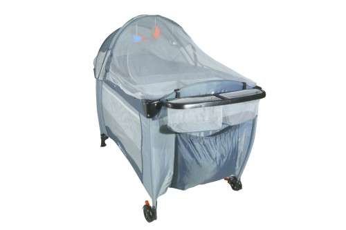 Baby Cot Crib with Diaper Changer, Net, Toys, Canopy, Wheels and Game Entrance - Grey