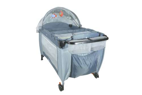 Baby Cot Crib with Diaper Changer, Net, Toys, Canopy, Wheels and Game Entrance - Grey