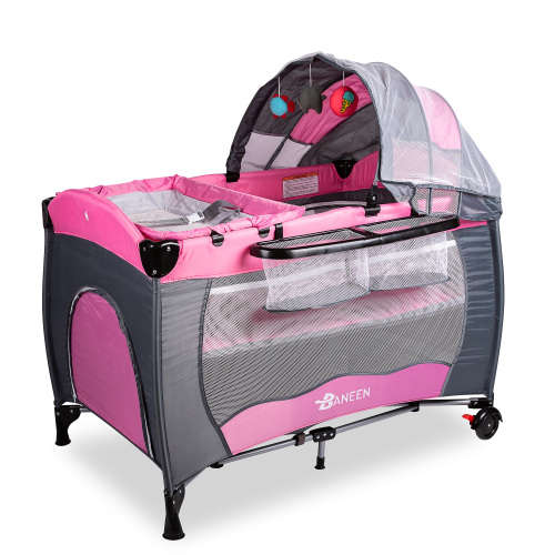 Baneen Baby Cot Crib with Diaper Changer, Net, Toys, Canopy, Wheels and Game Entrance - Light Pink