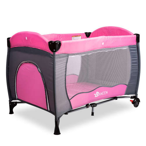 Baneen Baby Cot Crib with Diaper Changer, Net, Toys, Canopy, Wheels and Game Entrance - Light Pink