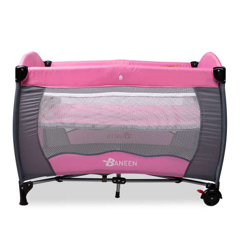 Baneen Baby Cot Crib with Diaper Changer, Net, Toys, Canopy, Wheels and Game Entrance - Light Pink