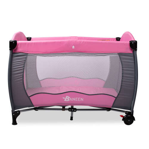 Baneen Baby Cot Crib with Diaper Changer, Net, Toys, Canopy, Wheels and Game Entrance - Light Pink