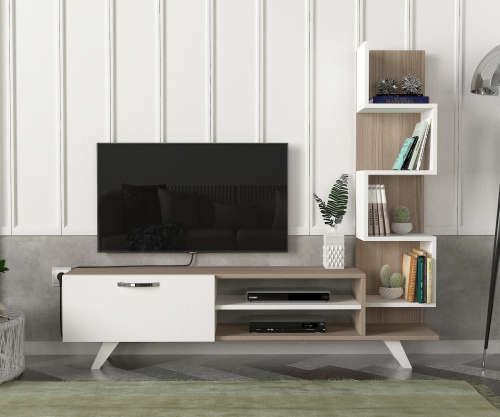 Hazlo Ceren Tv Unit Plasma Stand 4 Display Shelves Bookcase White and Corboda