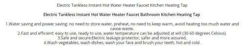 INSTANT HOT WATER FAUCET / TANKLESS / 3000W / HEATING 30 TO 60 DEGREES CELSIUS