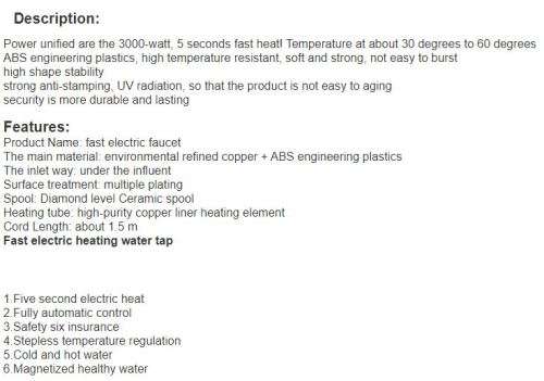 INSTANT HOT WATER FAUCET / TANKLESS / 3000W / HEATING 30 TO 60 DEGREES CELSIUS