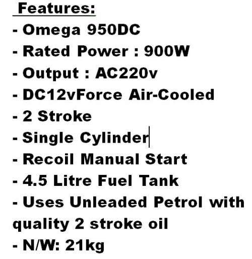 OMEGA OP-950DE PETROL GENERATOR / 2 STROKE / 4,5L TANK / RECOIL MANUAL START / LOAD SHEDDING