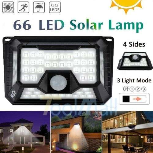 66 LED SOLAR WALL LIGHT  / 1200mAH BATTERY / 3 SETTINGS / 5000k / MOTION DETECTION / USB CHARGING