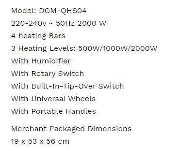 LARGE 2000W DIGIMARK 4 BAR HEATER / HUMIDIFIER / 3 HEATING LEVELS / TROLLEY WHEELS / TIP OVER SWITCH