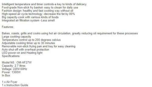 OMEGA AIR FRYER 2.7 LITER