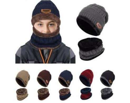 CABLE FLEECE WARM HAT WITH SCARF / FAUX FUR LINING