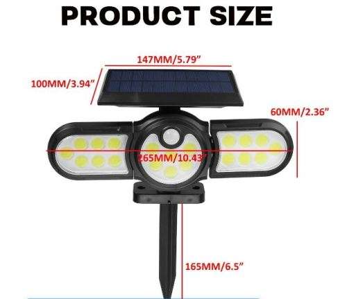 140 COB SOLAR WALL LIGHT WITH REMOTE, 3 ADJUSTABLE HEADS, 3 SETTINGS