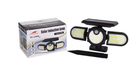 140 COB SOLAR WALL LIGHT WITH REMOTE, 3 ADJUSTABLE HEADS, 3 SETTINGS