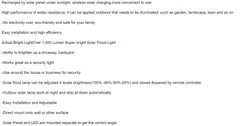 100W SOLAR FLOOD LIGHT / REMOTE CONTROL  / IP66 WEATHERPROOF