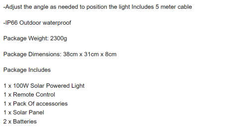 100W SOLAR FLOOD LIGHT / REMOTE CONTROL  / IP66 WEATHERPROOF