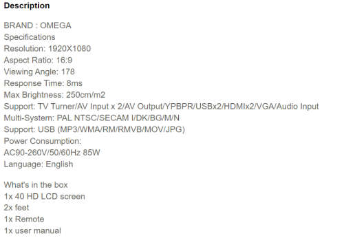 OMEGA 40 INCH TELEVISION / HDMI / AV / VGA / RF / FLAT SCREEN