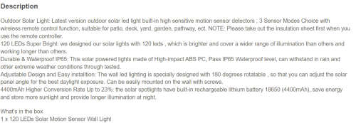 90W SOLAR WALL LIGHT / REMOTE CONTROL  / MOTION SENSOR / IP65 WEATHERPROOF